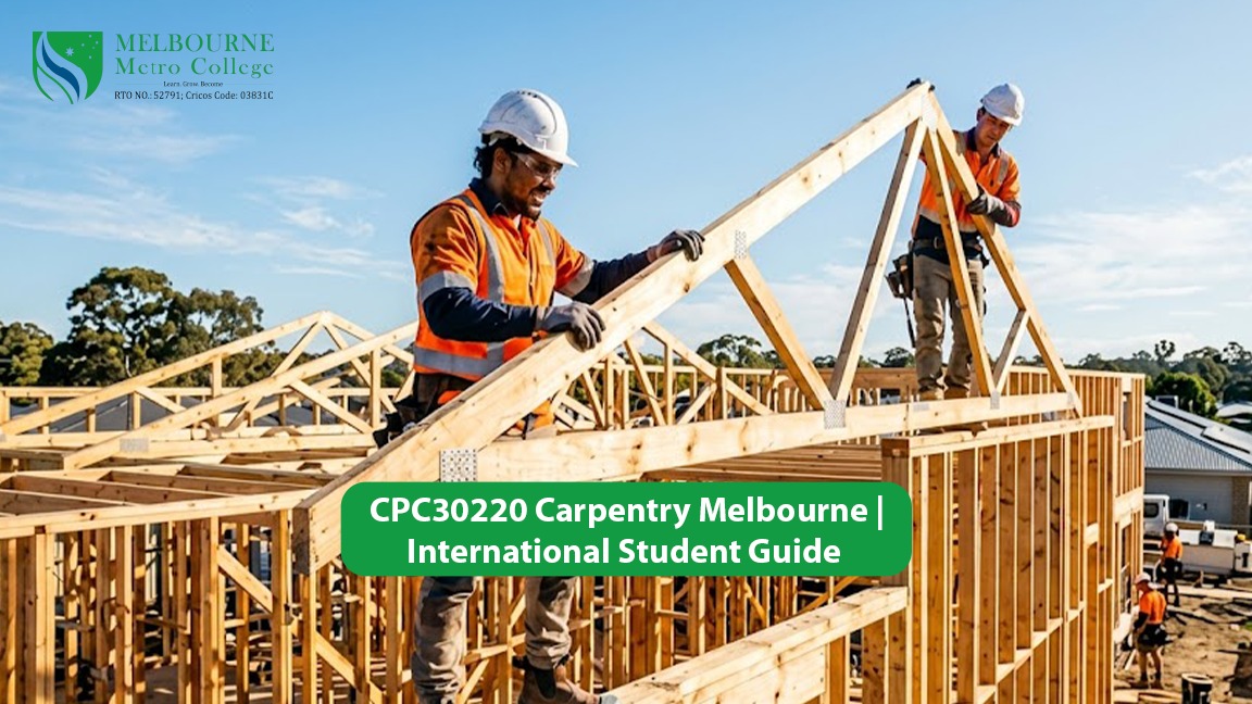 carpenter measuring timber beam on Melbourne construction site - CPC30220 Certificate III in Carpentry training