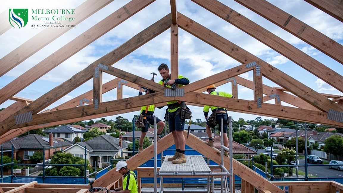 carpenters installing timber roof truss residential construction Melbourne — CPC30220 Certificate III career outcome