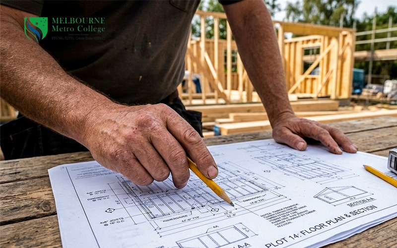 Carpenter reading and interpreting construction drawings on a job site