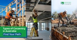 Three types of carpentry in Australia — residential timber framing, commercial suspended ceiling fit-out, and civil formwork concrete work — showing different carpentry specialisation environments available after CPC30220 at Melbourne Metro College