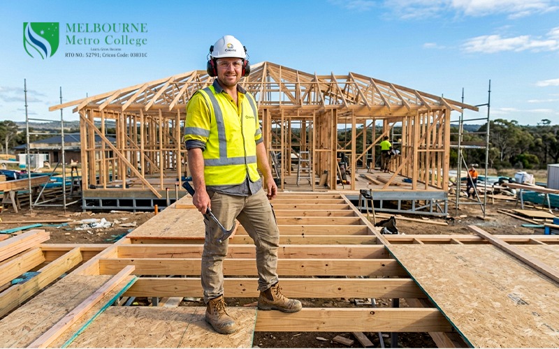 Construction worker wearing full PPE including high-visibility vest and safety helmet on an Australian job site