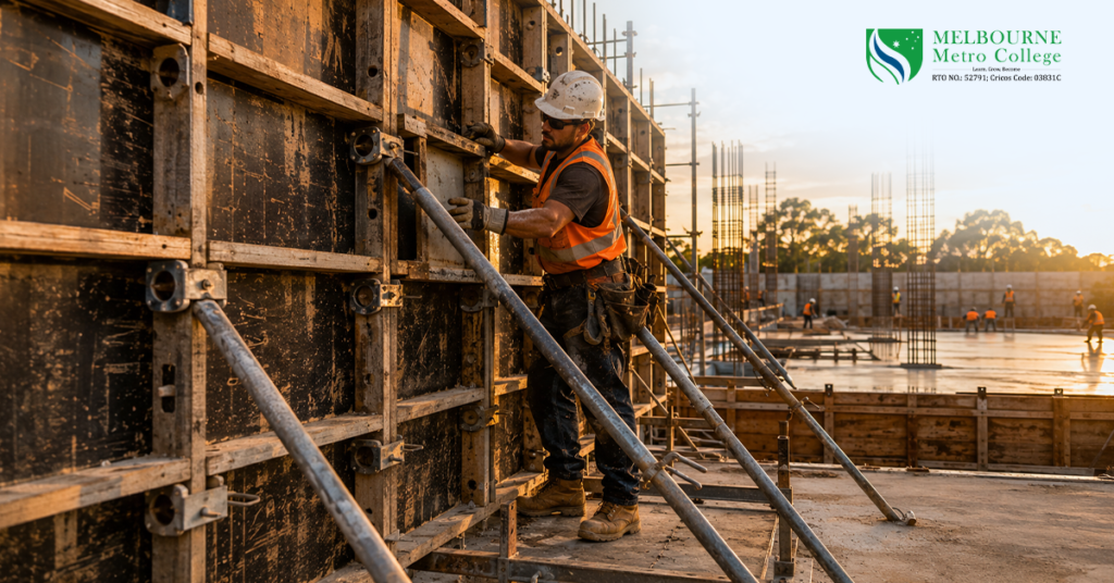 Formwork carpenter in orange high-visibility vest and white hard hat adjusting large concrete form panels braced with steel props on a major civil construction site in Australia at golden hour