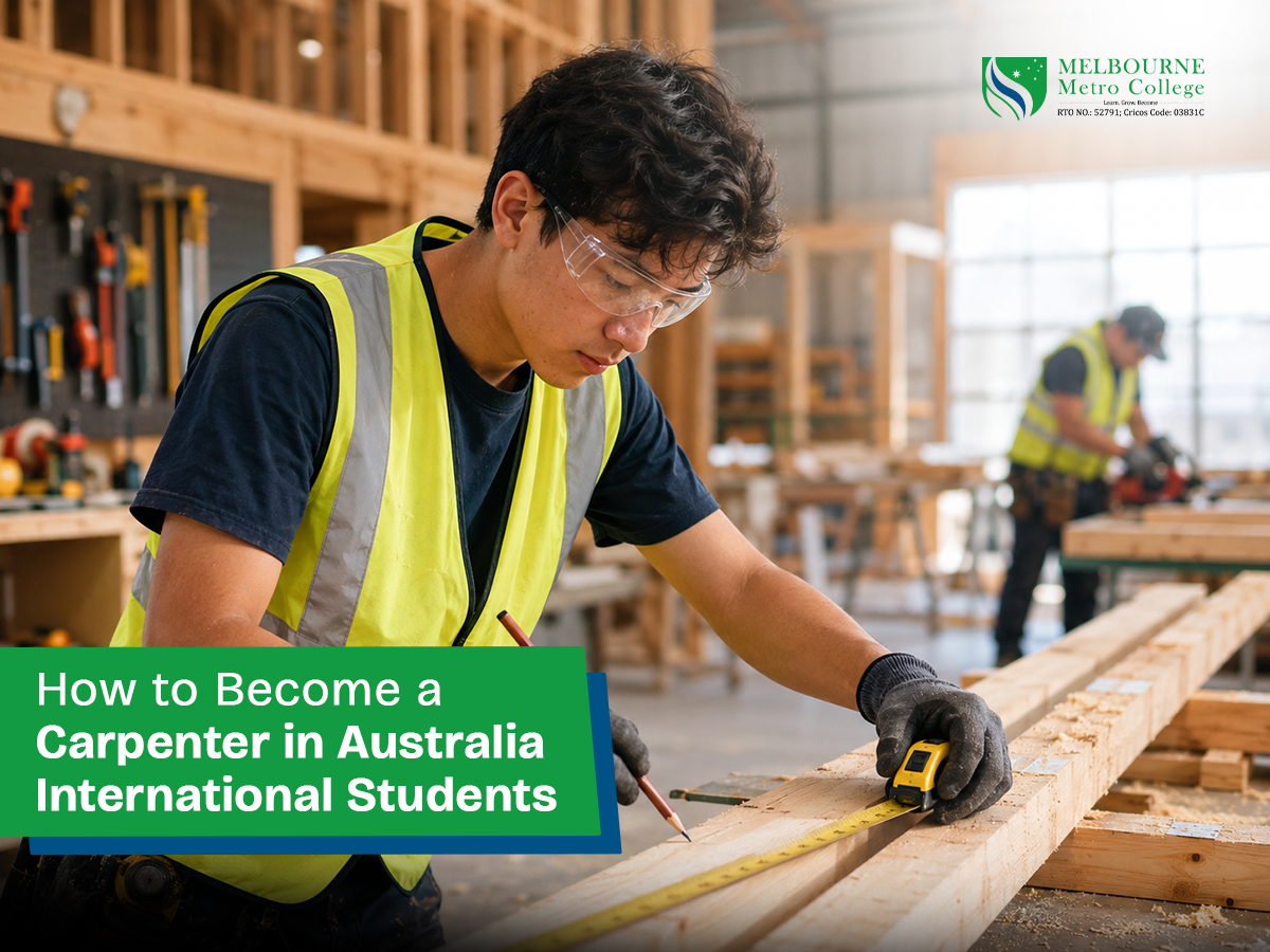 International student measuring timber during carpentry training at Melbourne Metro College