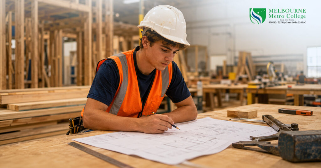 Young carpenter in orange high-visibility vest and white hard hat studying architectural blueprints at a workbench in a carpentry training workshop — CPC30220 at Melbourne Metro College, Sunshine North VIC